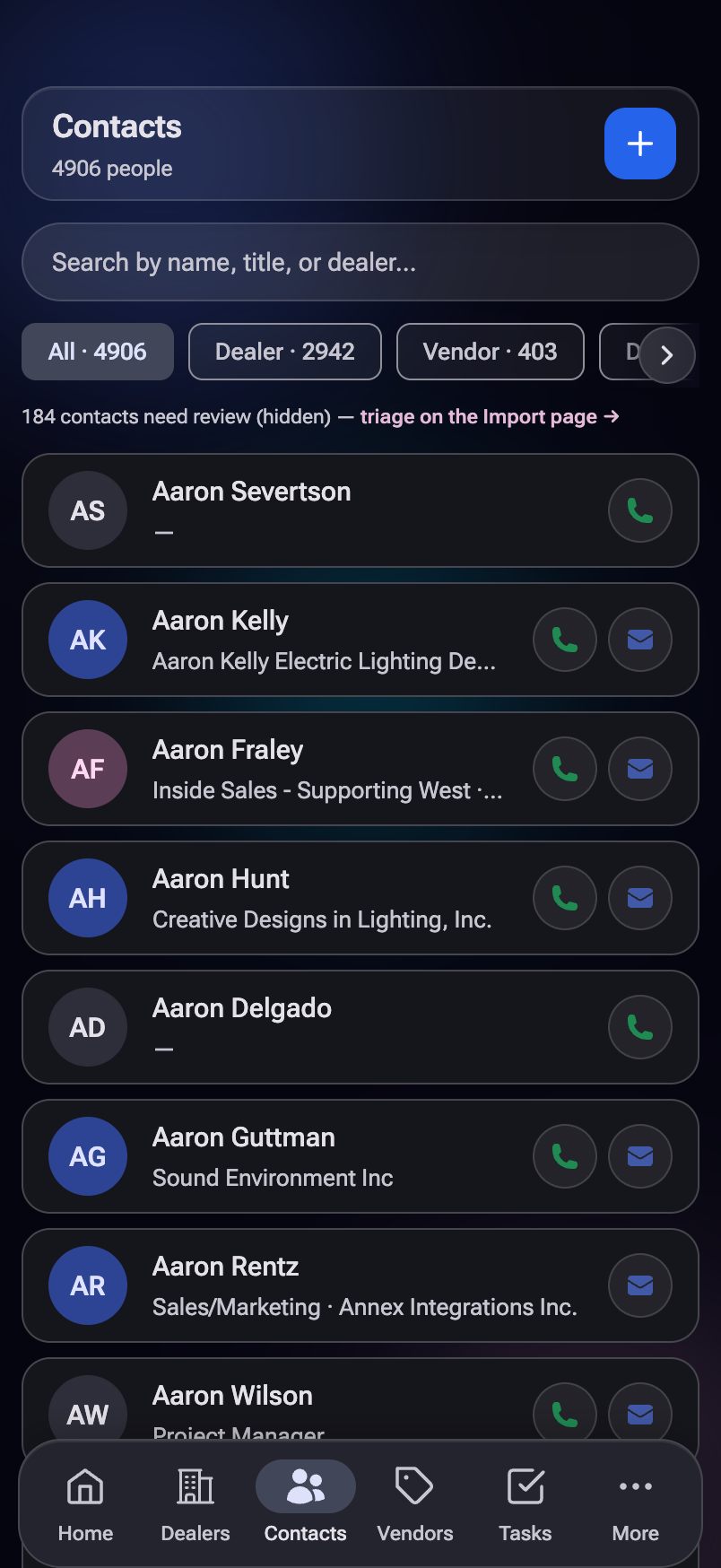 Contacts list page