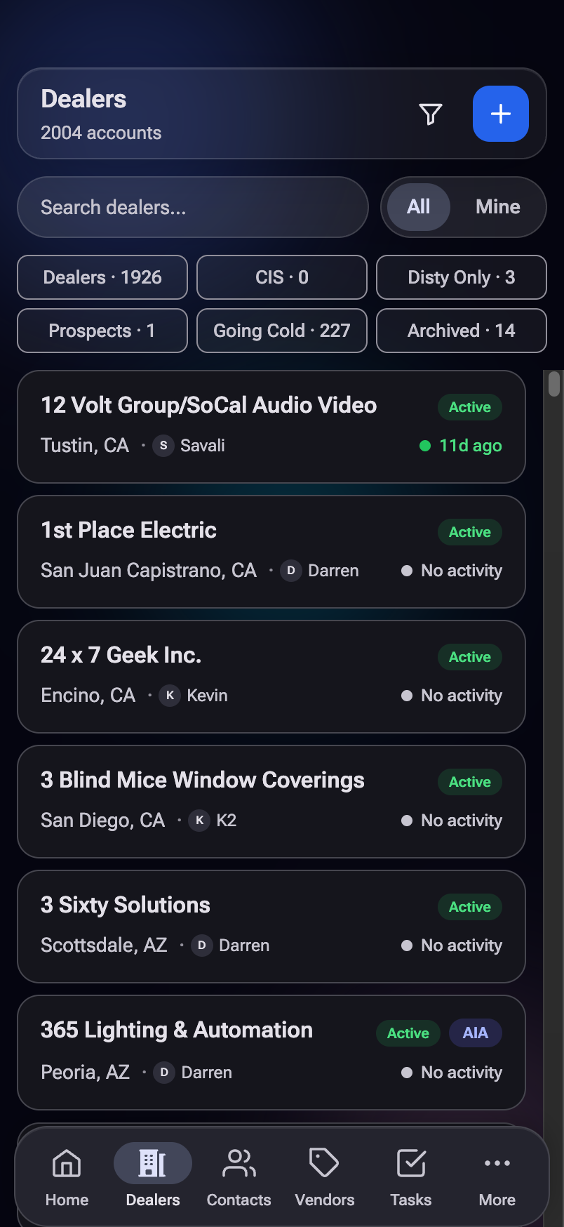 The Dealers list with search, All/Mine toggle, and quick-filter tabs