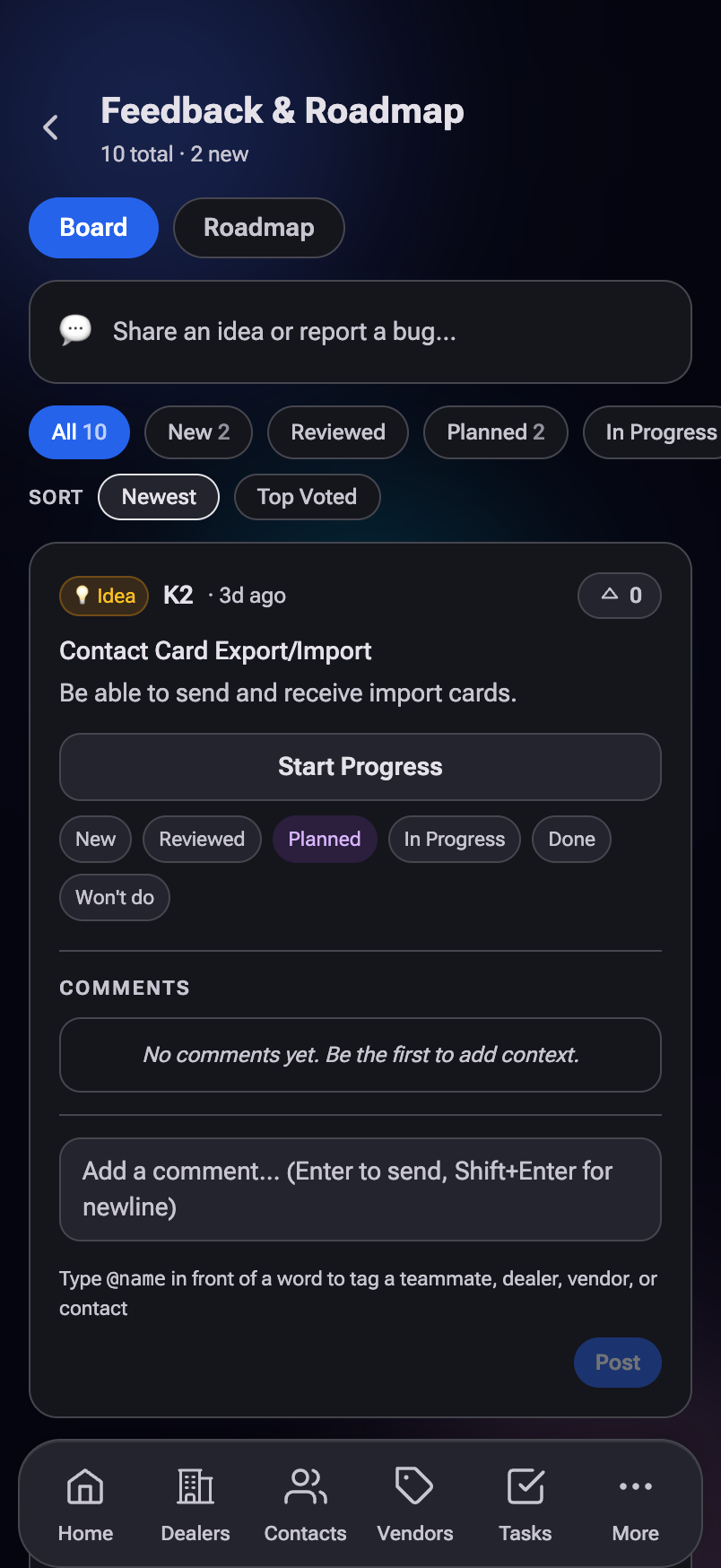 The Feedback and Roadmap page with the composer, status filters, and an idea card