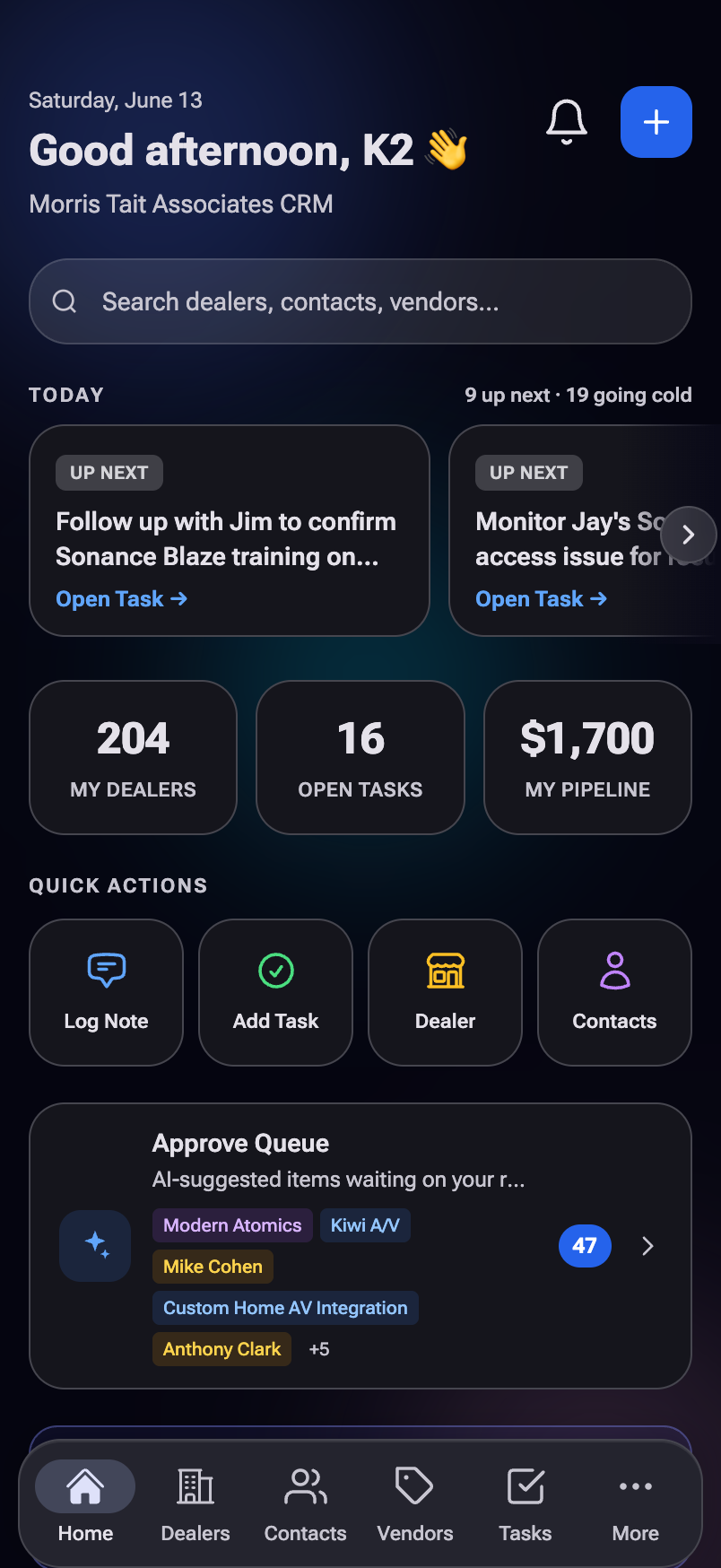 The Home screen with the Today strip, stats, quick actions, and the bottom navigation bar