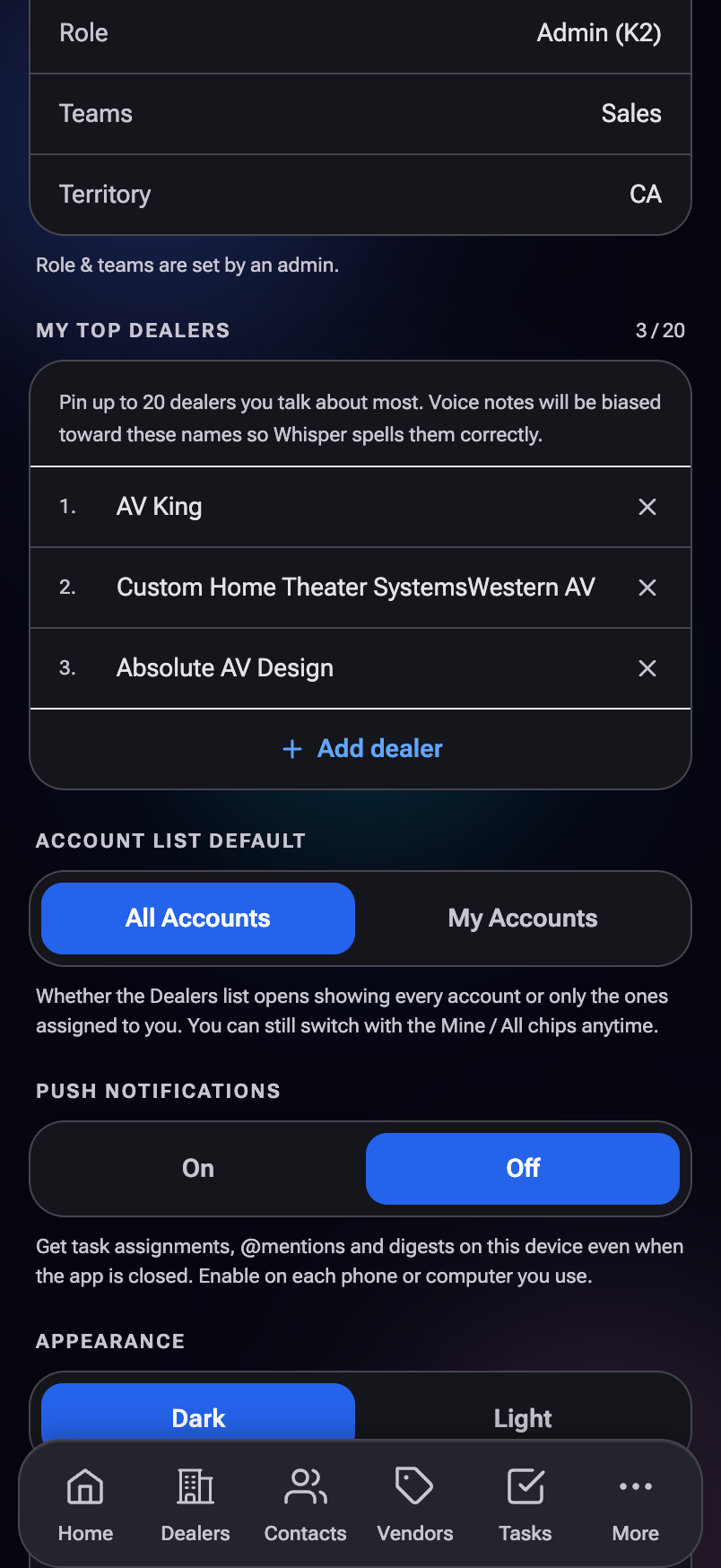 Settings scrolled to the Push Notifications On/Off toggle, with Account List Default and Top Dealers above it