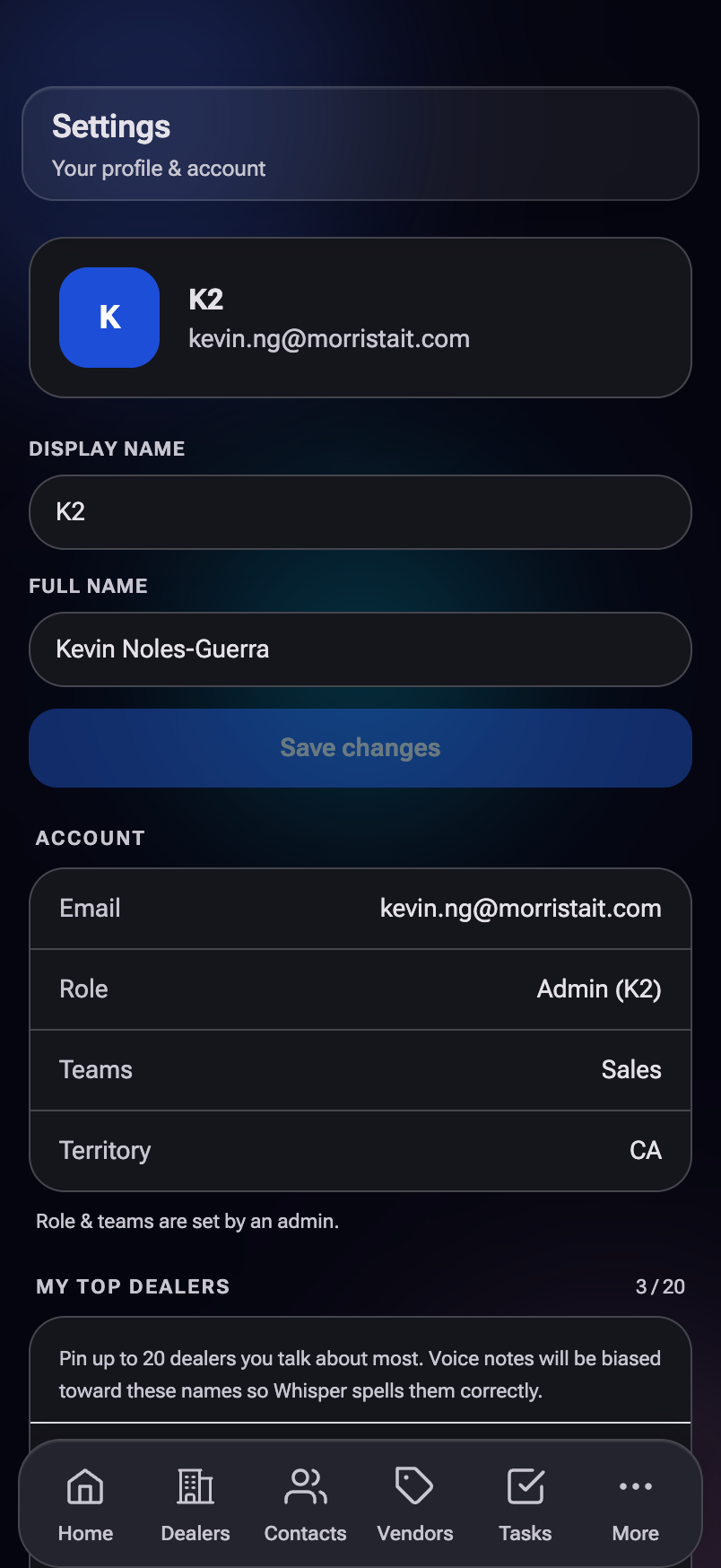 The Settings page showing profile, account, and the My Top Dealers section