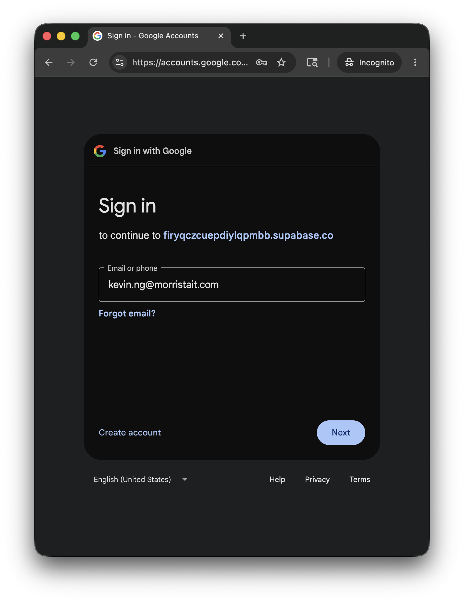 Google sign-in email step