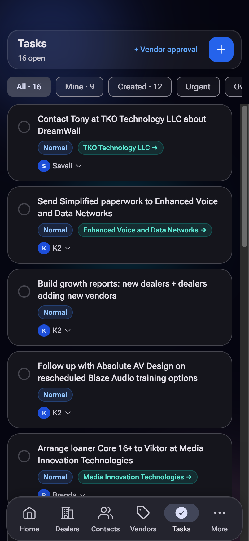 The Tasks page with filter chips and task cards showing urgency and linked accounts