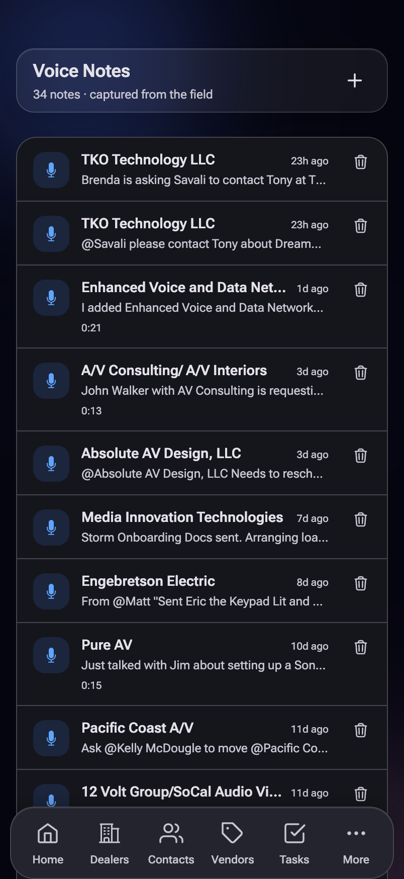 The Voice Notes list showing notes captured from the field